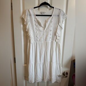 Molly Bracken white crochet detail tiered midi dress.